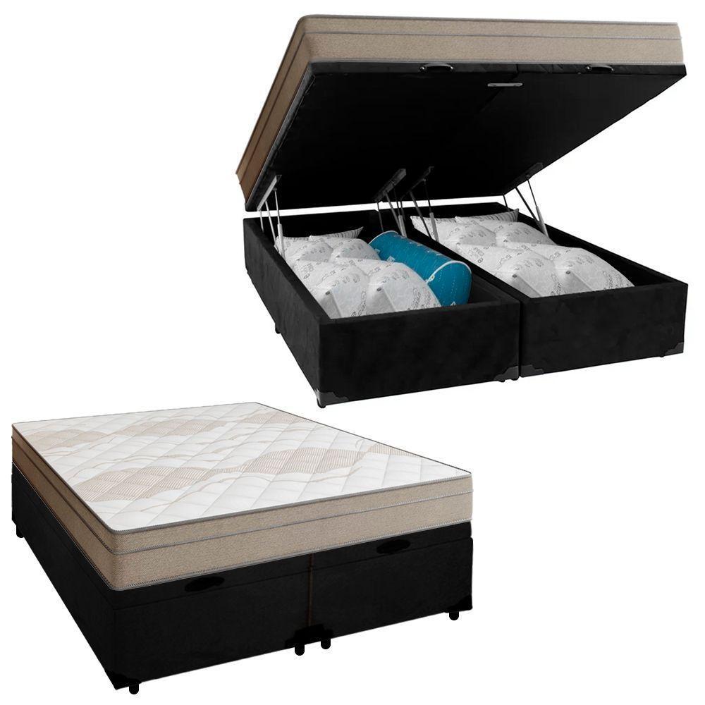 Cama Box Baú Casal Bipartido Suede + Colchão De Molas Ensacadas Portobel Ipanema 138x188x66cm Preto - 1