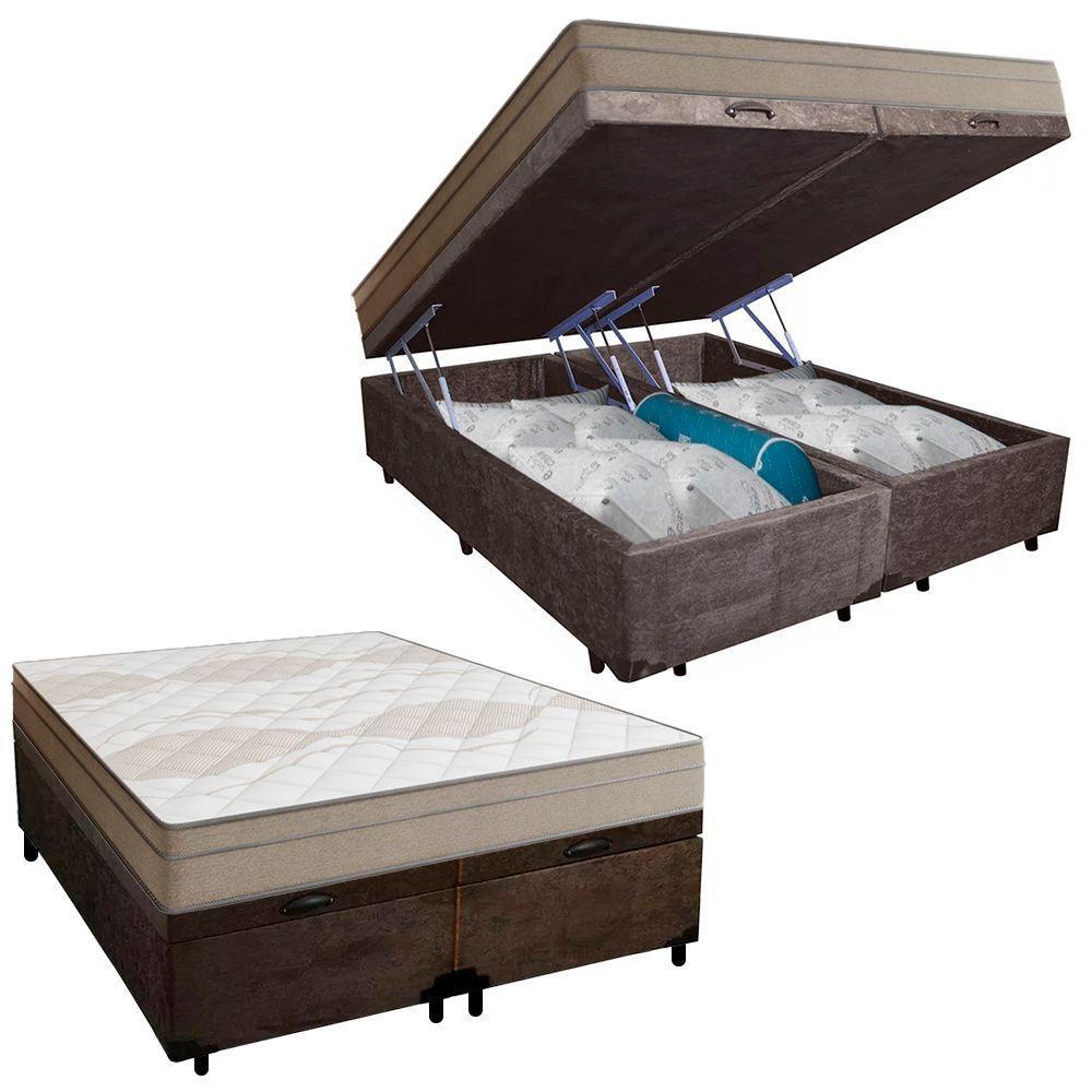 Cama Box Baú Casal Bipartido Suede + Colchão De Molas Ensacadas Portobel Ipanema 138x188x66cm Marrom - 1