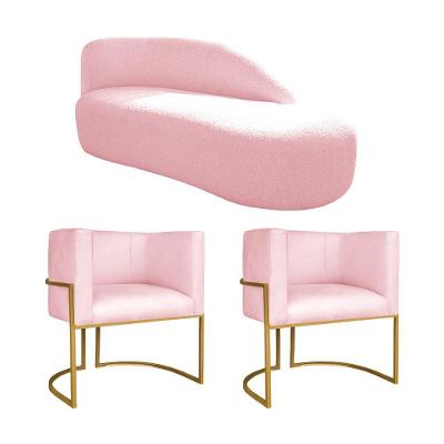Kit Divã Luna 160cm Lado Direito E 02 Poltronas Base De Ferro Dourado Suede Rosa Bebê