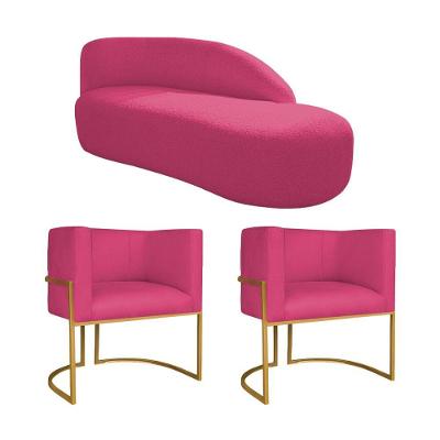 Kit Divã Luna 160cm Lado Direito E 02 Poltronas Base De Ferro Dourado Suede Pink
