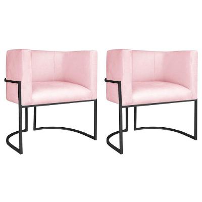 Kit 02 Poltronas Decorativas Luna Base De Ferro Preto Suede Rosa Bebê