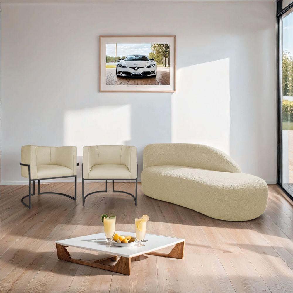 Kit Divã Luna 140cm Lado Direito E 02 Poltronas Base De Ferro Preto Suede Bege - 8