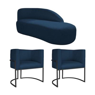 Kit Divã Luna 140cm Lado Direito E 02 Poltronas Base De Ferro Preto Suede Azul Marinho