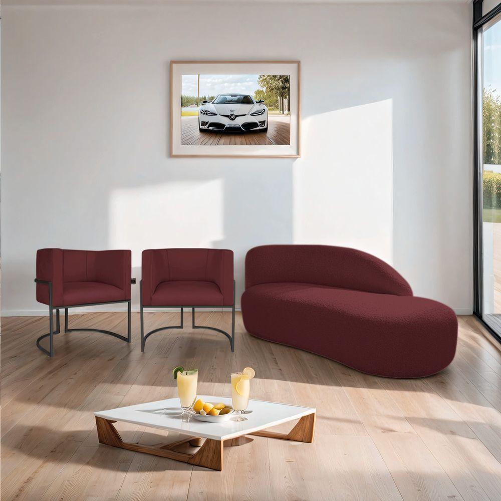 Kit Divã Luna 140cm Lado Direito E 02 Poltronas Base De Ferro Preto Suede Bordô - 9