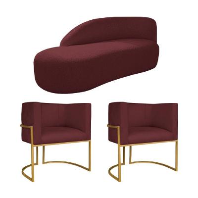Kit Divã Luna 140cm Lado Esquerdo E 02 Poltronas Base De Ferro Dourado Suede Bordô