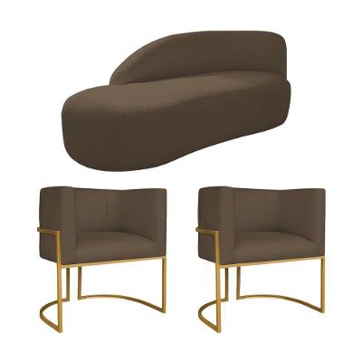 Kit Divã Luna 140cm Lado Esquerdo E 02 Poltronas Base De Ferro Dourado Suede Marrom