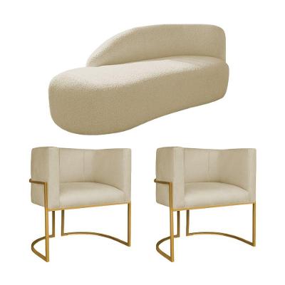 Kit Divã Luna 140cm Lado Esquerdo E 02 Poltronas Base De Ferro Dourado Suede Bege