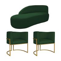 Kit Divã Luna 140cm Lado Esquerdo E 02 Poltronas Base De Ferro Dourado Suede Verde - 1
