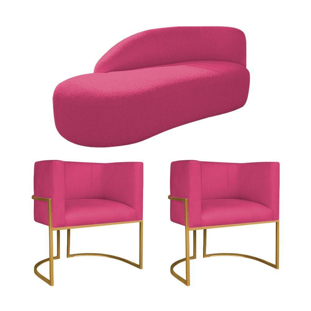 Kit Divã Luna 140cm Lado Esquerdo E 02 Poltronas Base De Ferro Dourado Suede Pink - 1