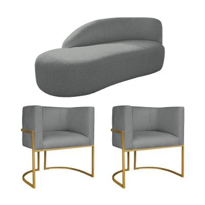 Kit Divã Luna 140cm Lado Esquerdo E 02 Poltronas Base De Ferro Dourado Suede Cinza