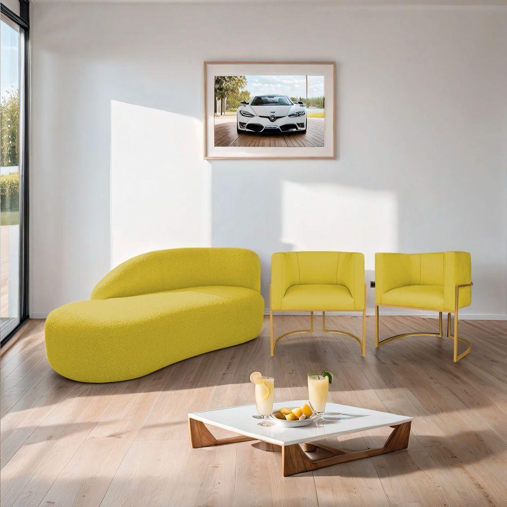 Kit Divã Luna 160cm Lado Esquerdo E 02 Poltronas Base De Ferro Dourado Suede Amarelo - 9