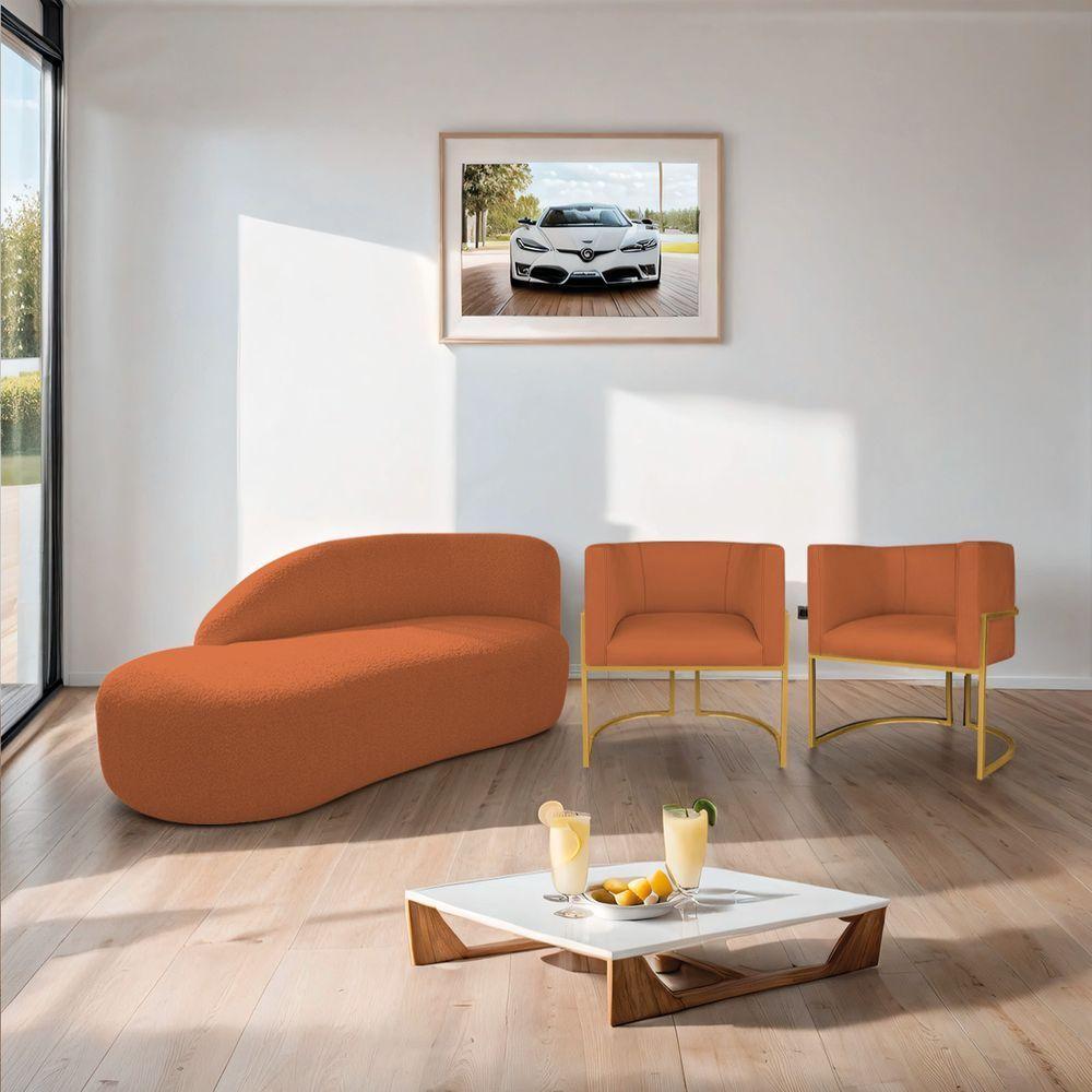 Kit Divã Luna 185cm Lado Esquerdo E 02 Poltronas Base De Ferro Dourado Suede Terracota - 6