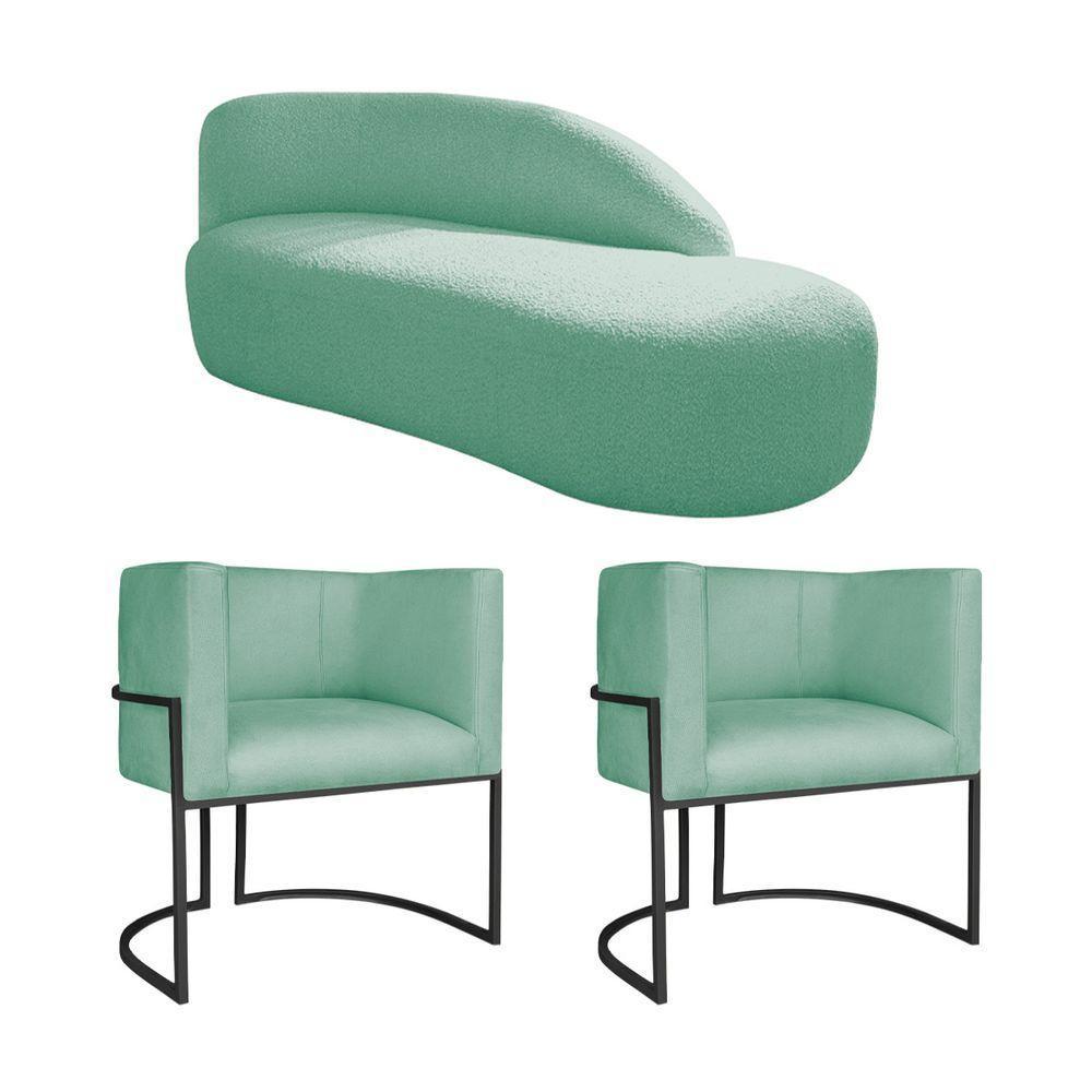 Kit Divã Luna 140cm Lado Direito E 02 Poltronas Base De Ferro Preto Suede Azul Tiffany - 1