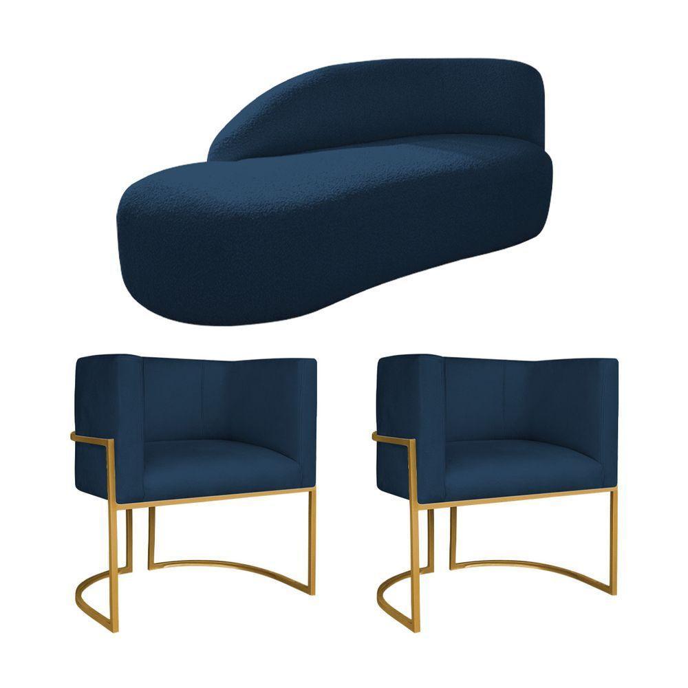Kit Divã Luna 160cm Lado Esquerdo E 02 Poltronas Base De Ferro Dourado Suede Azul Marinho - 1