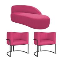 Kit Divã Luna 160cm Lado Direito E 02 Poltronas Base De Ferro Preto Suede Pink - 1