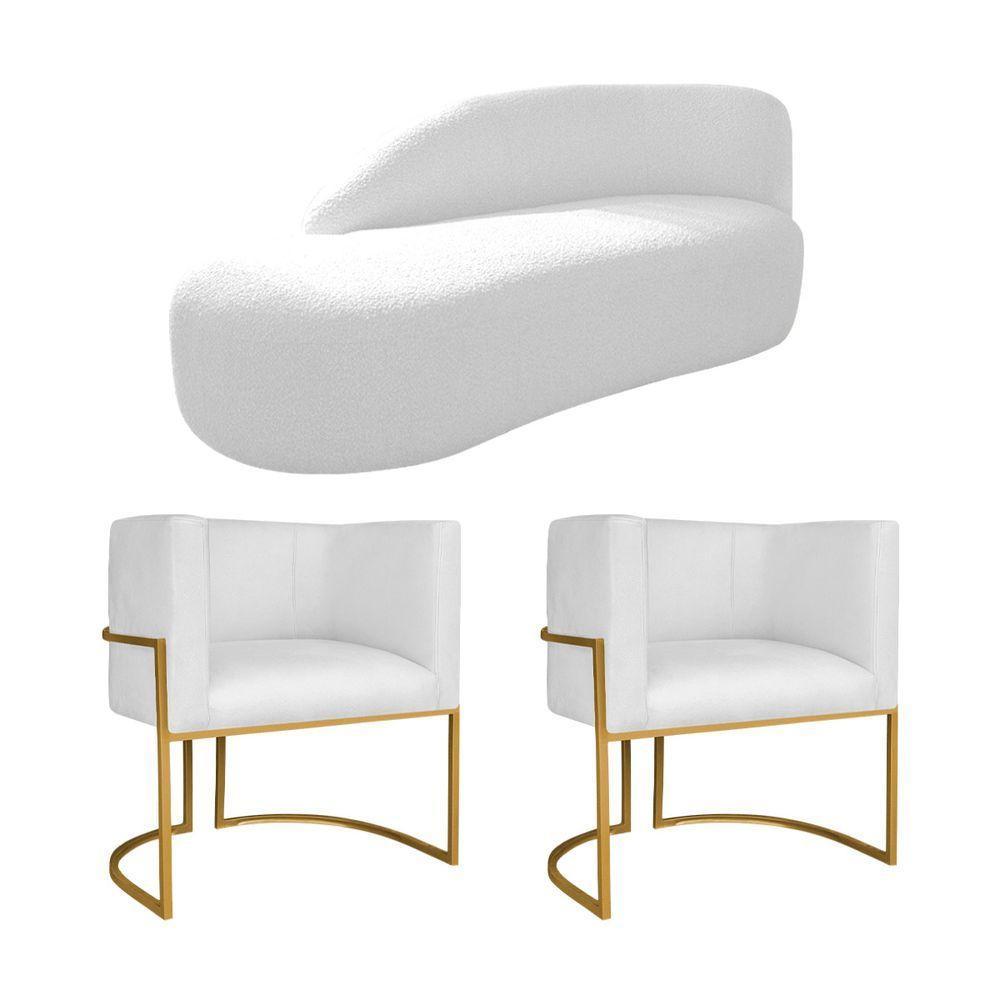 Kit Divã Luna 140cm Lado Esquerdo E 02 Poltronas Base De Ferro Dourado Suede Branco - 1