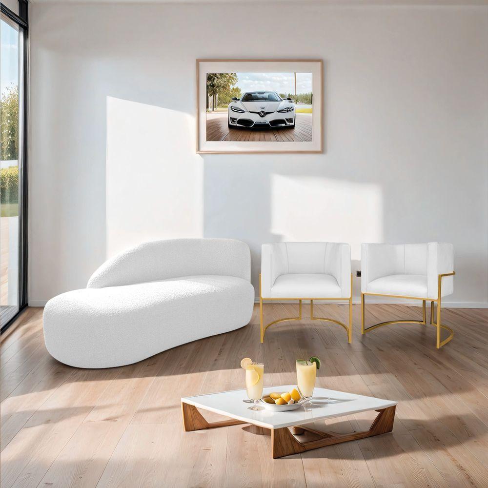 Kit Divã Luna 140cm Lado Esquerdo E 02 Poltronas Base De Ferro Dourado Suede Branco - 9
