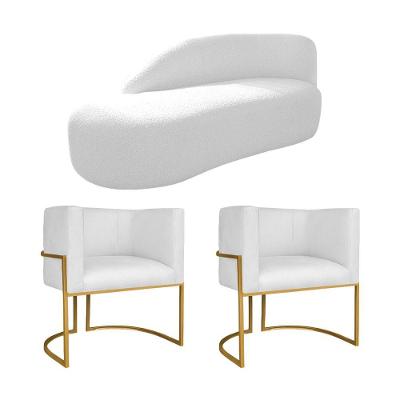 Kit Divã Luna 140cm Lado Esquerdo E 02 Poltronas Base De Ferro Dourado Suede Branco