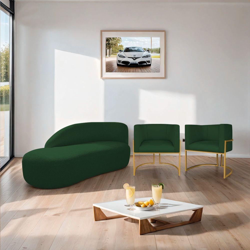 Kit Divã Luna 185cm Lado Esquerdo E 02 Poltronas Base De Ferro Dourado Suede Verde - 9