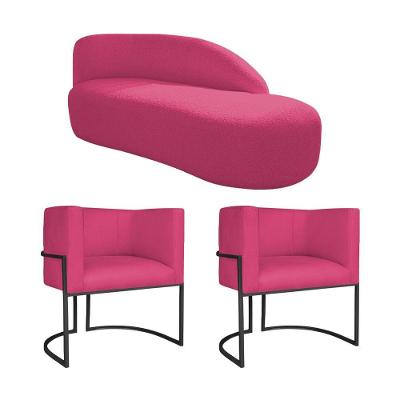 Kit Divã Luna 140cm Lado Direito E 02 Poltronas Base De Ferro Preto Suede Pink