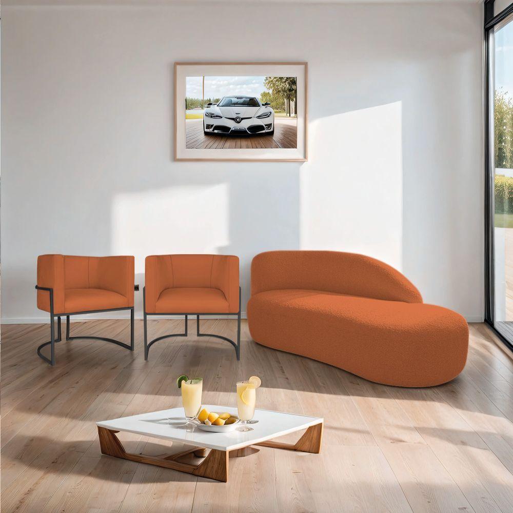Kit Divã Luna 185cm Lado Direito E 02 Poltronas Base De Ferro Preto Suede Terracota - 8