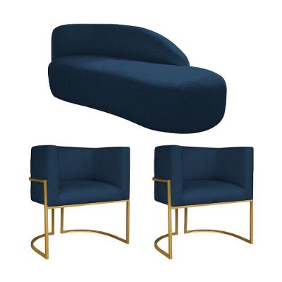 Kit Divã Luna 185cm Lado Direito E 02 Poltronas Base De Ferro Dourado Suede Azul Marinho
