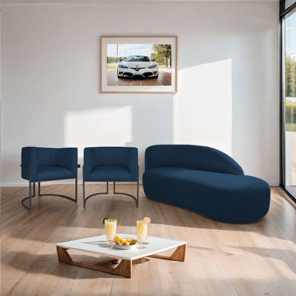 Kit Divã Luna 185cm Lado Direito E 02 Poltronas Base De Ferro Preto Suede Azul Marinho - 9