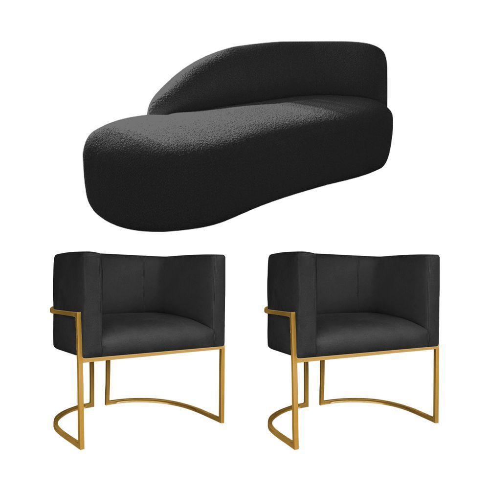 Kit Divã Luna 185cm Lado Esquerdo E 02 Poltronas Base De Ferro Dourado Suede Preto - 1