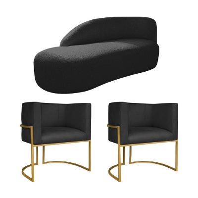 Kit Divã Luna 185cm Lado Esquerdo E 02 Poltronas Base De Ferro Dourado Suede Preto