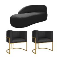 Kit Divã Luna 185cm Lado Esquerdo E 02 Poltronas Base De Ferro Dourado Suede Preto - 1