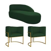 Kit Divã Luna 185cm Lado Direito E 02 Poltronas Base De Ferro Dourado Suede Verde - 1