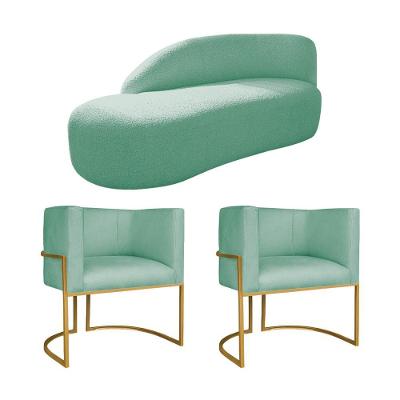 Kit Divã Luna 185cm Lado Esquerdo E 02 Poltronas Base De Ferro Dourado Suede Azul Tiffany