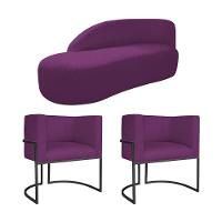 Kit Divã Luna 160cm Lado Esquerdo E 02 Poltronas Base De Ferro Preto Suede Roxo - 1