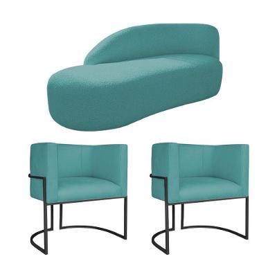 Kit Divã Luna 160cm Lado Esquerdo E 02 Poltronas Base De Ferro Preto Suede Azul Turquesa