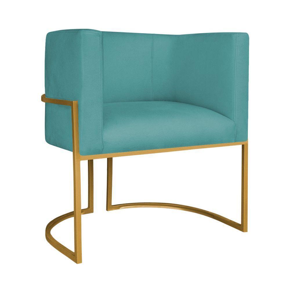 Kit Divã Luna 185cm Lado Direito E 02 Poltronas Base De Ferro Dourado Suede Azul Turquesa - 2