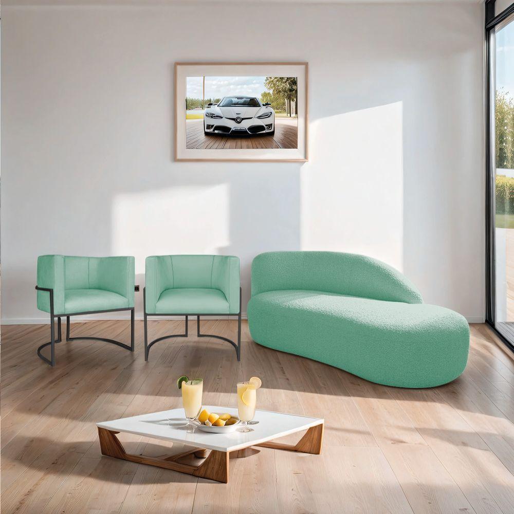 Kit Divã Luna 185cm Lado Direito E 02 Poltronas Base De Ferro Preto Suede Azul Tiffany - 4