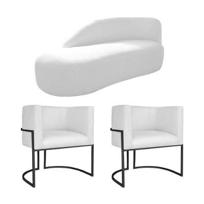 Kit Divã Luna 160cm Lado Esquerdo E 02 Poltronas Base De Ferro Preto Suede Branco