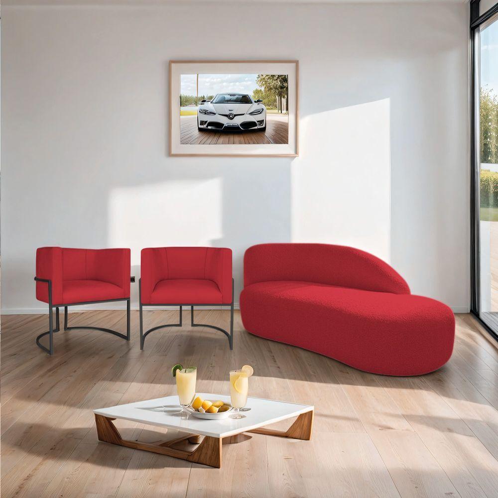 Kit Divã Luna 185cm Lado Direito E 02 Poltronas Base De Ferro Preto Suede Vermelho - 9