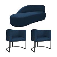 Kit Divã Luna 160cm Lado Esquerdo E 02 Poltronas Base De Ferro Preto Suede Azul Marinho - 1