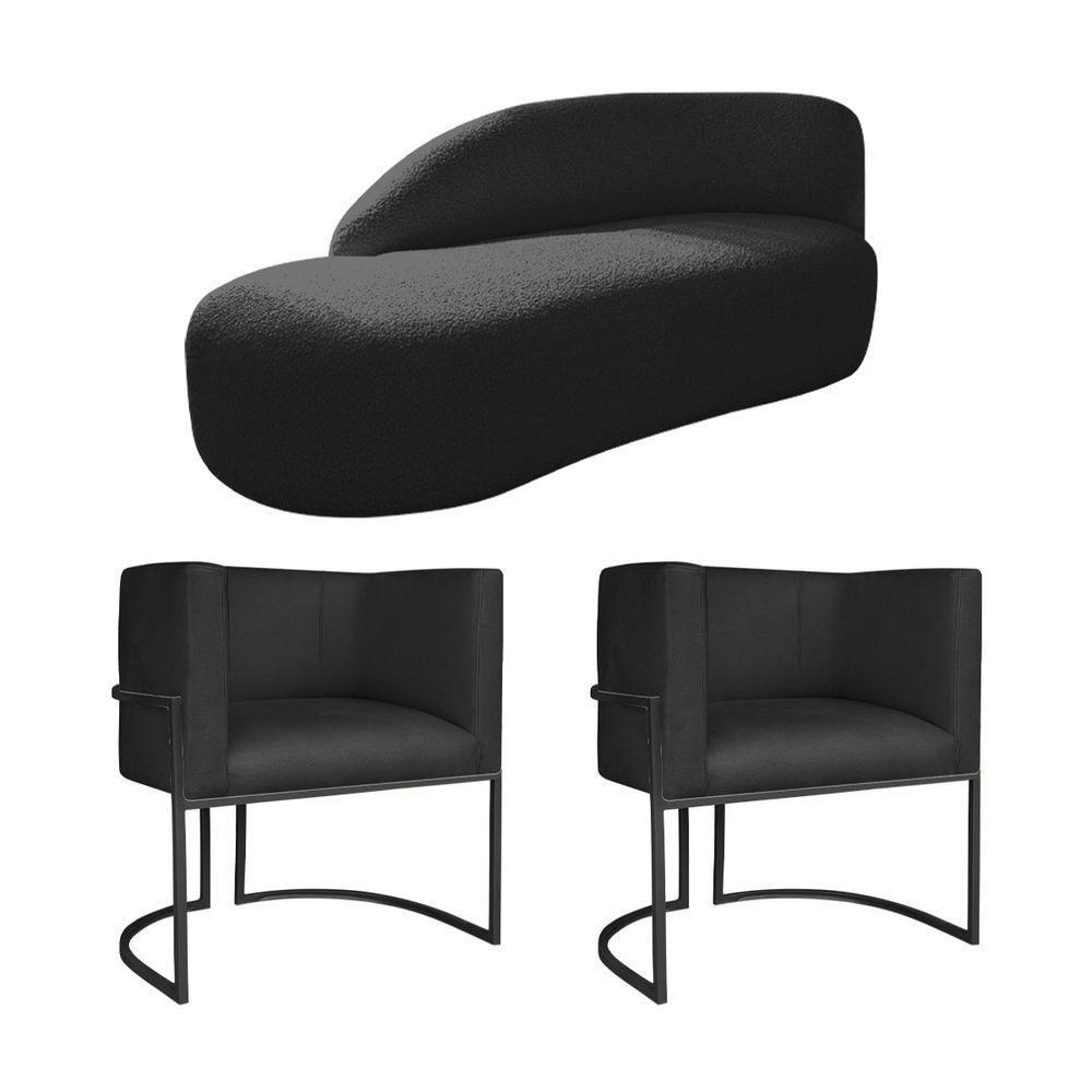 Kit Divã Luna 160cm Lado Esquerdo E 02 Poltronas Base De Ferro Preto Suede Preto - 1