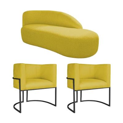 Kit Divã Luna 185cm Lado Direito E 02 Poltronas Base De Ferro Preto Suede Amarelo