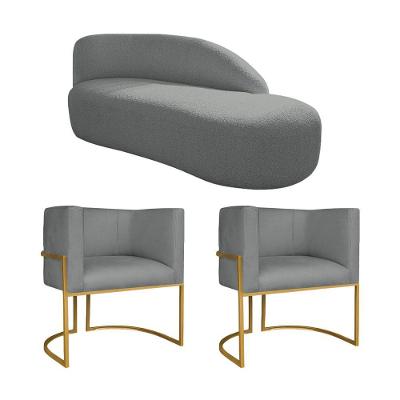Kit Divã Luna 185cm Lado Direito E 02 Poltronas Base De Ferro Dourado Suede Cinza