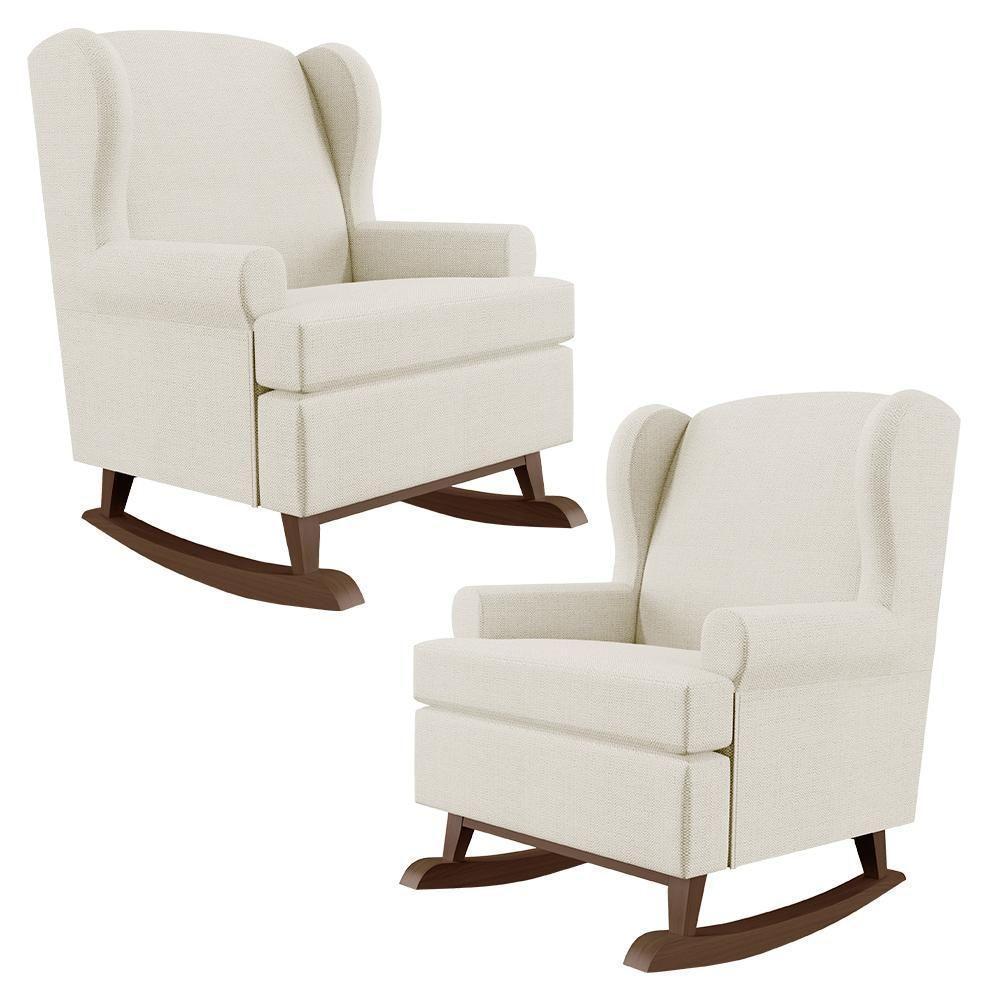 Kit 02 Poltronas Malu Base De Madeira P02 Linho Champagne - 1