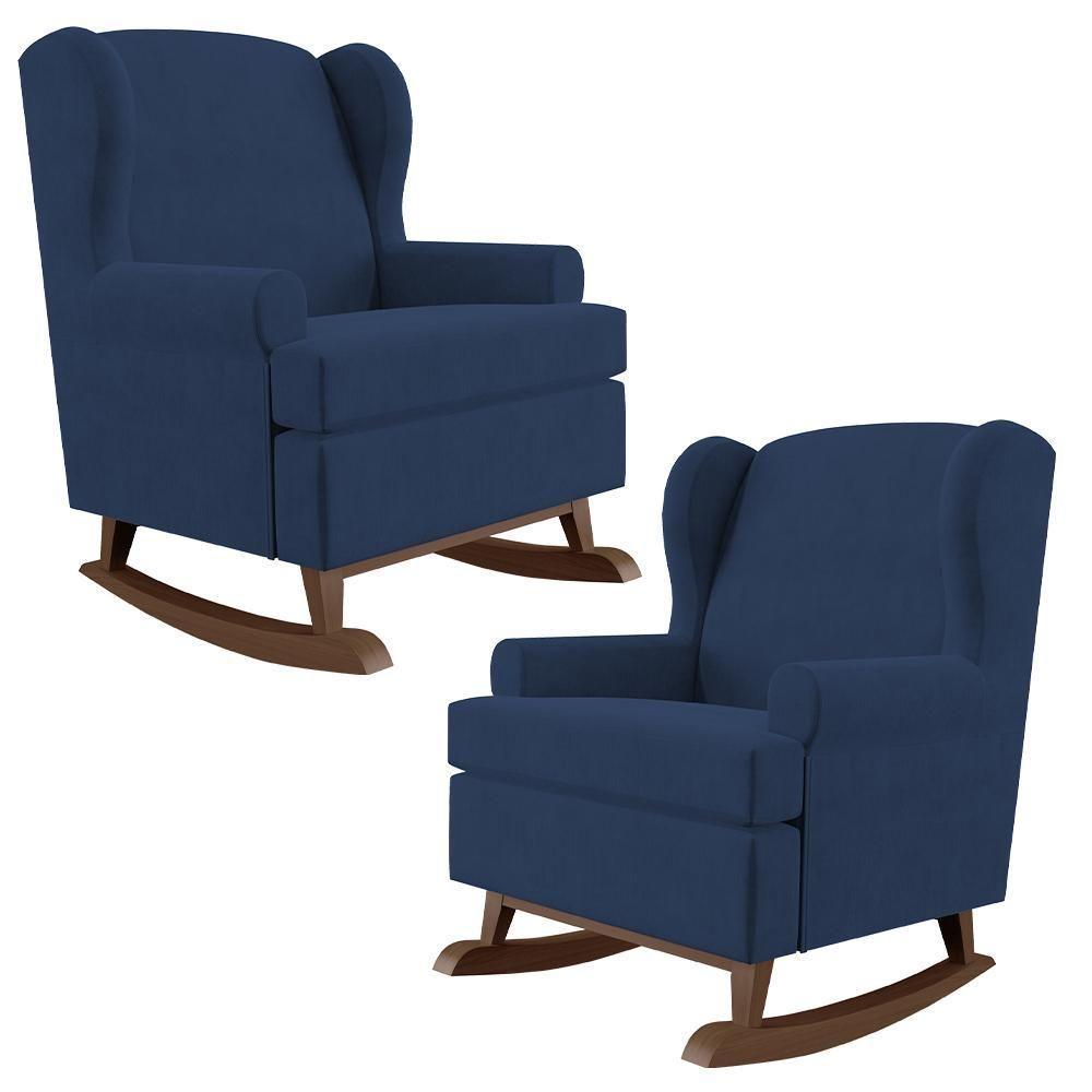 Kit 02 Poltronas Malu Base De Madeira P02 Suede Azul Marinho - 1