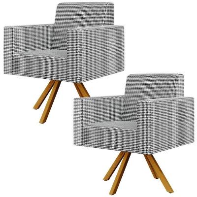 Kit 02 Poltronas Decorativas Helô L02 Base Giratória Suede Pied Poule Castanho Lyam Decor