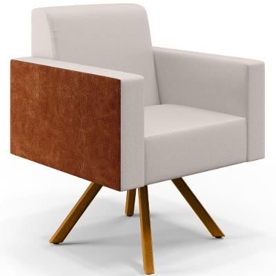 Poltrona Decorativa Helô L02 Base Giratória Linho Cru Bege Marrom Lyam Decor