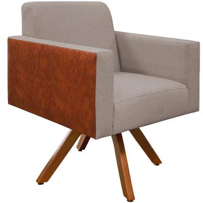 Poltrona Decorativa Helô L02 Base Giratória Linho Bege Cor Marrom Lyam Decor