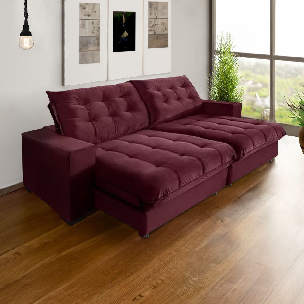 Sofá Califórnia Retrátil E Reclinável 5 Lugares 2,50m Com Molas Ensacadas E Pillow Vinho Roxo - 1