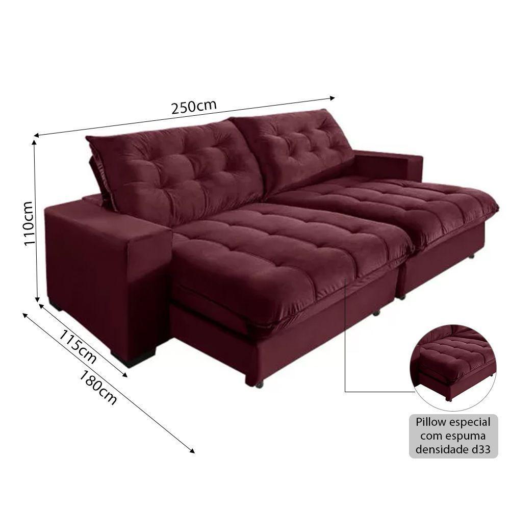 Sofá Califórnia Retrátil E Reclinável 5 Lugares 2,50m Com Molas Ensacadas E Pillow Vinho Roxo - 2