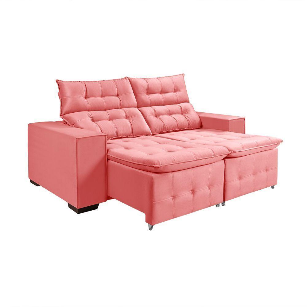 Sofá Retratil Reclinável 3 Lugares Pillow Em Veludo 1,90 Rosê Rosa - 2